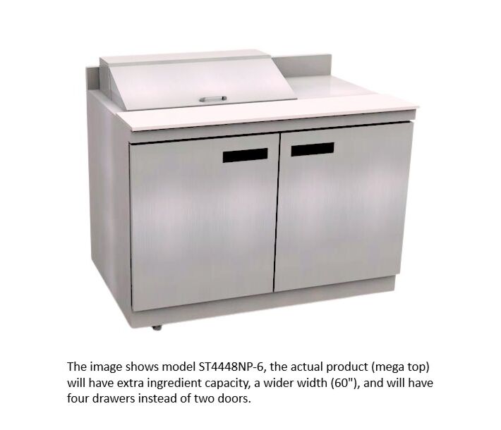 Delfield STD4460NP-18M 60" Mega Top Salad Prep Table with Four Drawers and 4" Backsplash (18) 1/6 size pan capacity 20.2 cu. Ft. - 115V/60/1 - USA