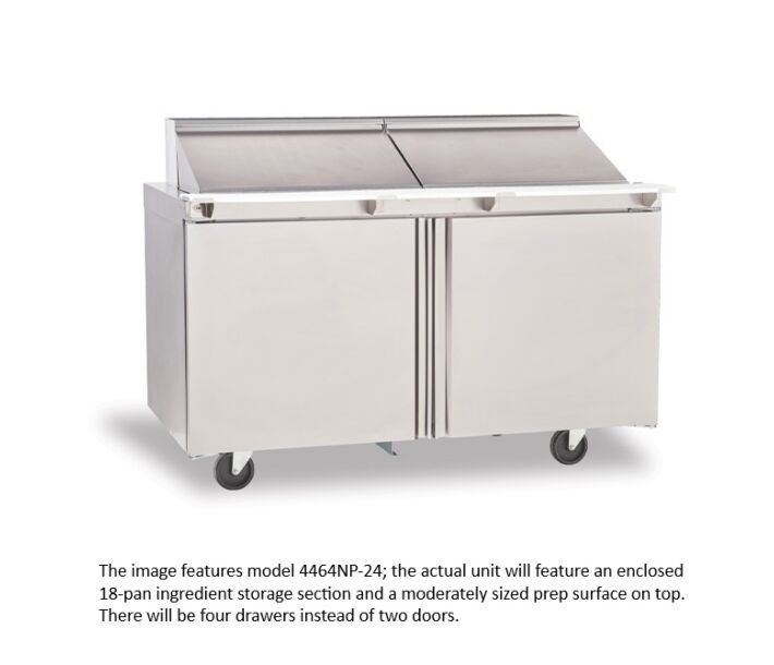 Delfield D4464NP-18M 64" Mega Top Salad Prep Table with Four Drawers (18) 1/6 size pan capacity 21.6 cu. Ft. - 115V/60/1 - USA
