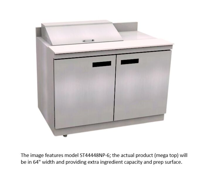 Delfield ST4464NP-12M 64" Mega Top Salad Prep Table with 4" Backsplash (12) 1/6 size pan capacity 21.6 cu.ft. - 115V/60/1 - USA