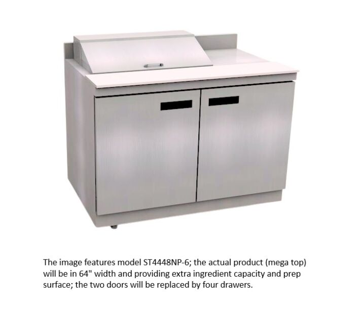 Delfield STD4464NP-12M 64" Mega Top Salad Prep Table with Four Drawers and 4" Backsplash (12) 1/6 size pan capacity 21.6 cu. Ft. - 115V/60/1 - USA
