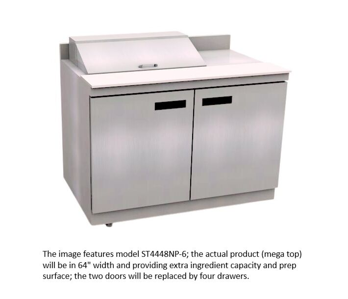 Delfield STD4464NP-18M 64" Mega Top Salad Prep Table with Four Drawers and 4" Backsplash (18) 1/6 size pan capacity 21.6 cu. Ft. - 115V/60/1 - CA