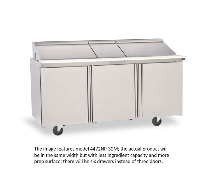 Delfield D4472NP-18M 72" Mega Top Salad Prep Table with Four Drawers (18) 1/6 size pan capacity 21.6 cu.ft. - 115V/60/1 - USA