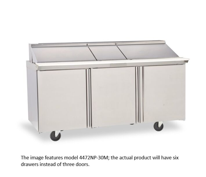 Delfield D4472NP-30M 72" Mega Top Salad Prep Table with Six Drawers (30) 1/6 size pan capacity 21.6 cu. Ft. - 115V/60/1 - CA