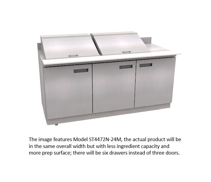Delfield STD4472NP-18M 72" Mega Top Salad Prep Table with Six Drawers and 4" Backsplash (18) 1/6 size pan capacity 24.8 cu. Ft. - 115V/60/1 - CA