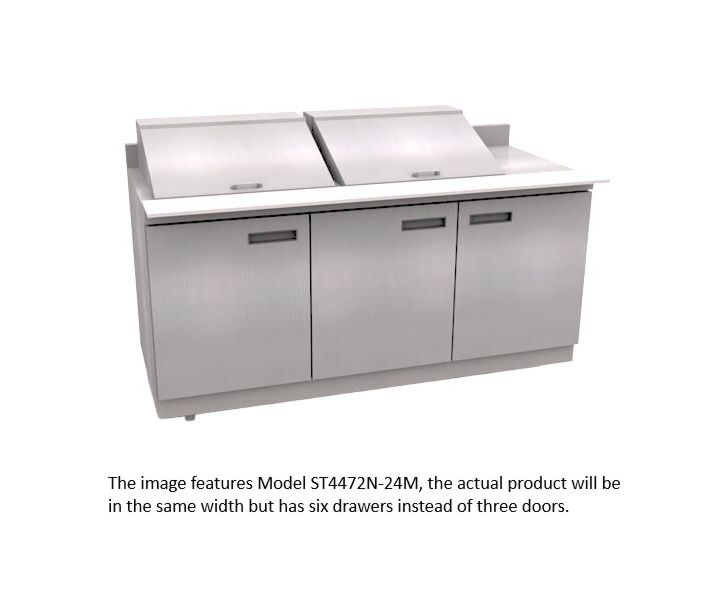 Delfield STD4472NP-24M 72" Mega Top Salad Prep Table with Six Drawers and 4" Backsplash (24) 1/6 size pan capacity 24.8 cu. Ft. - 115V/60/1 - CA