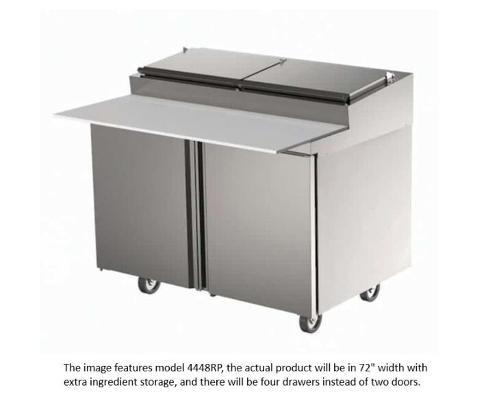 Delfield D4472RP 72" Air Over Rail Prep Table Two Section with Drawers (9) 1/3 Pan Capacity 27.8 cu. Ft. - 115V/60/1 - CA