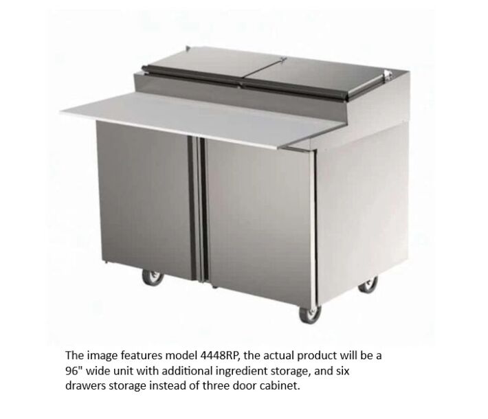 Delfield D4496RP 96" Air Over Rail Prep Table Three Section with Drawers (12) 1/3 Pan Capacity 37.65 cu. Ft. - 115V/60/1 - USA