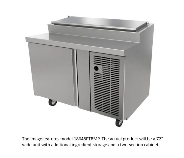 Delfield 18672PTBMP 72" Mechanically Cooled Refrigerated Pizza and Sandwich tables (18) 1/6 Pan Capacity 16.77 cu. Ft - 115V/60/1 - USA