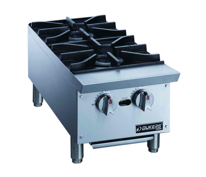 Dukers DCHPB12 12" Commercial Gas Countertop Hot Plate - 2 Burners, 64,000 BTU - USA