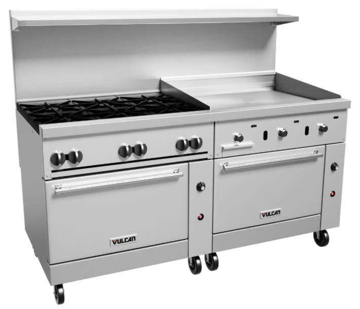 Vulcan 72CC-6B36GT Endurance Series 72" 6 Burner Range with 36" Right Griddle, 36" Thermostatic Control, 2 Convection Oven. and 310,000 BTU - NG/LP - CA