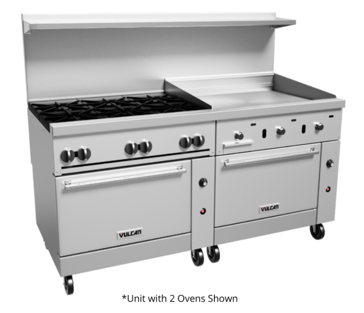 Vulcan 72RC-6B36GN Endurance Series 72" 6 Burner Range with 36" Right Griddle, 36" Manual Control, Convection Oven, Refrigerated Base, and 240,000 BTU - Natural Gas - USA