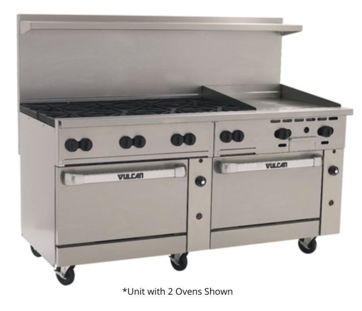 Vulcan 72RS-8B24GN Endurance Series 72" 8 Burner Range with 24" Right Griddle, 24" Manual Control, Standard Oven, Refrigerated Base, and 280,000 BTU - Natural Gas - CA