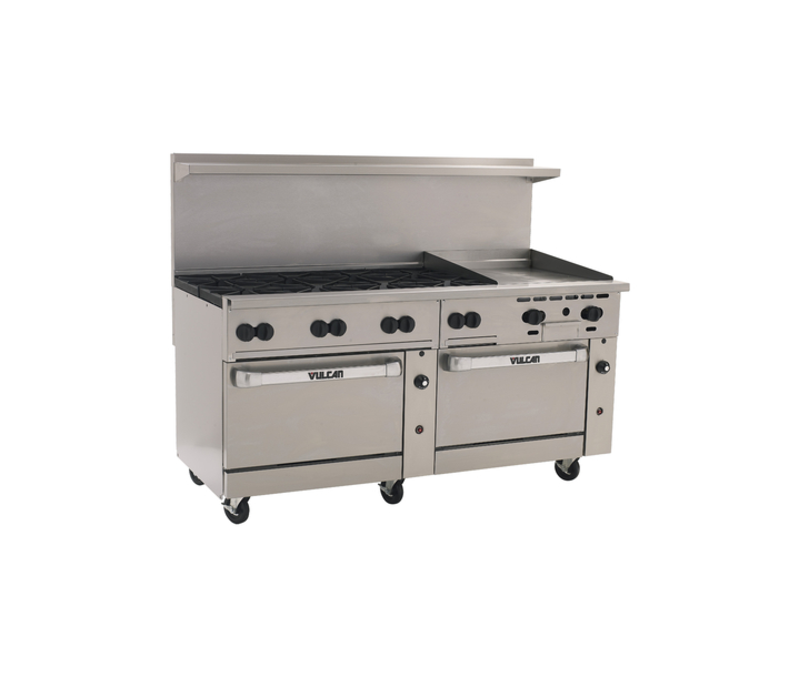 Vulcan 72SC-8B24GN Endurance Series 72" 8 Burner Range with 24" Right Griddle, 24" Manual Control, Standard Oven, Convection Oven, and 350,000 BTU - Natural Gas - USA