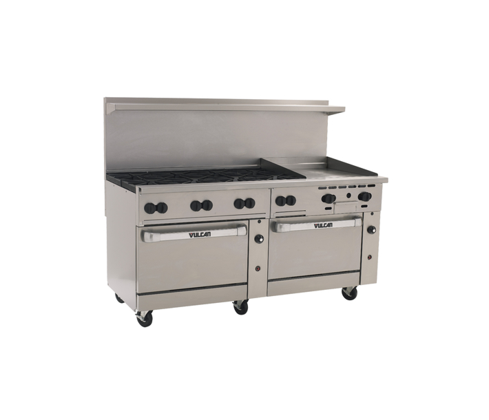 Vulcan 72SS-8B24G Endurance Series 72" 8 Burner Range with 24" Right Griddle, 24" Manual Control, 2 Standard Oven, and 350,000 BTU - NG/LP - CA