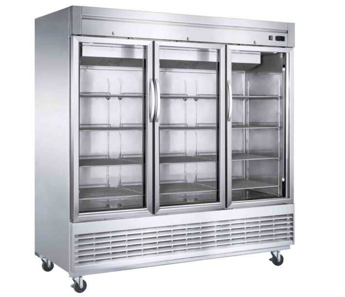 Dukers D83R-GS3 83" Stainless Steel Commercial Glass Door Reach-In Refrigerator, 64.80 Cu. Ft. - 115V - USA