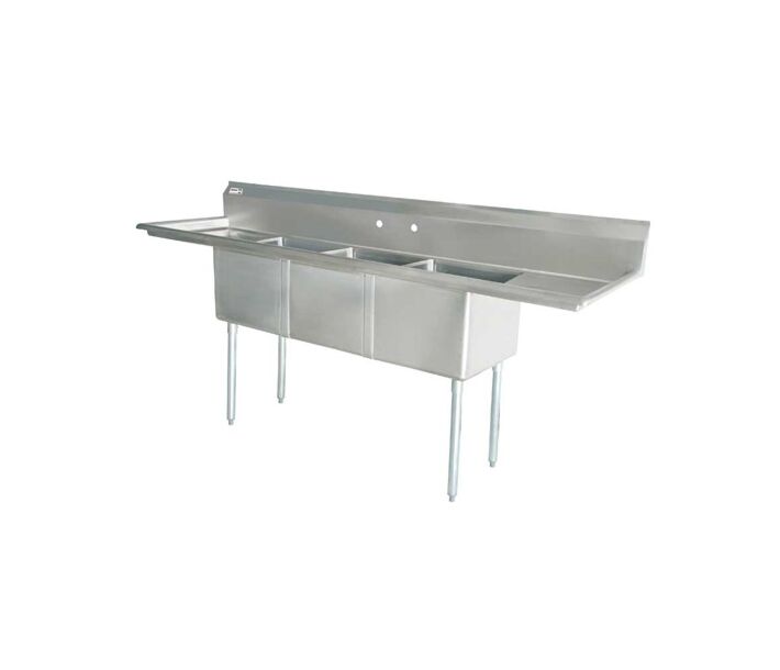 Zanduco 90" 18-Gauge Three Compartment Stainless Steel Sink with 1.8" Corner Drain and Two Drain Boards - 18" X 21" X 14" Bowls - USA