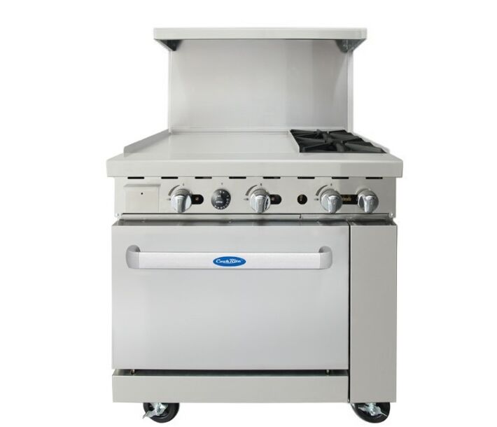 Atosa AGR-2B24GL 36'' Range with (2) Open Burners 32,000 BTU and 24" Griddle 48,000 BTU on the left with (1) 26" 1/2 wide Oven 27,000 BTU - CA
