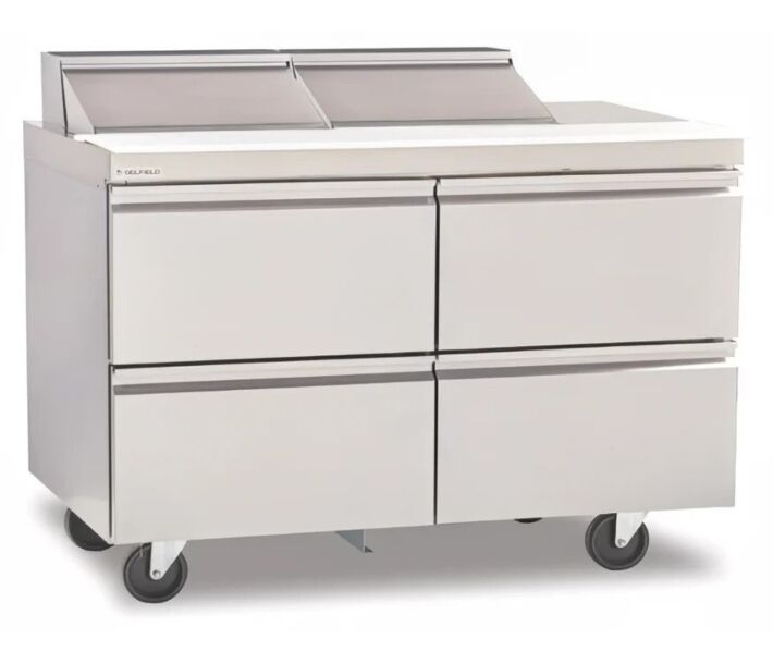 Delfield D4448NP-6M 48" Mega Top Salad Prep Table with Four Drawers (6) 1/6 size pan capacity 16 cu.ft. - 115V/60/1 - CA