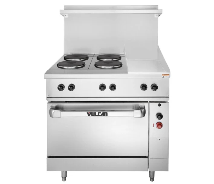 Vulcan EV36S-4FP12G Endurance Series 36" Electric Range with 4 French Plates, 12" Right Griddle, and Standard Oven - 208/240/480V - CA