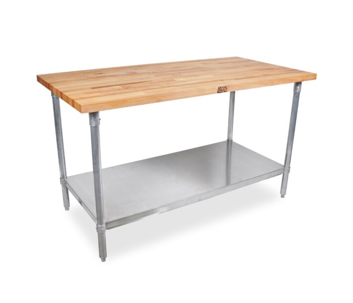 John Boos JNS02 24" x 48" Maple Wood Work Table with Galvanized Base & Adjustable Undershelf, 1.5" Thickness - USA