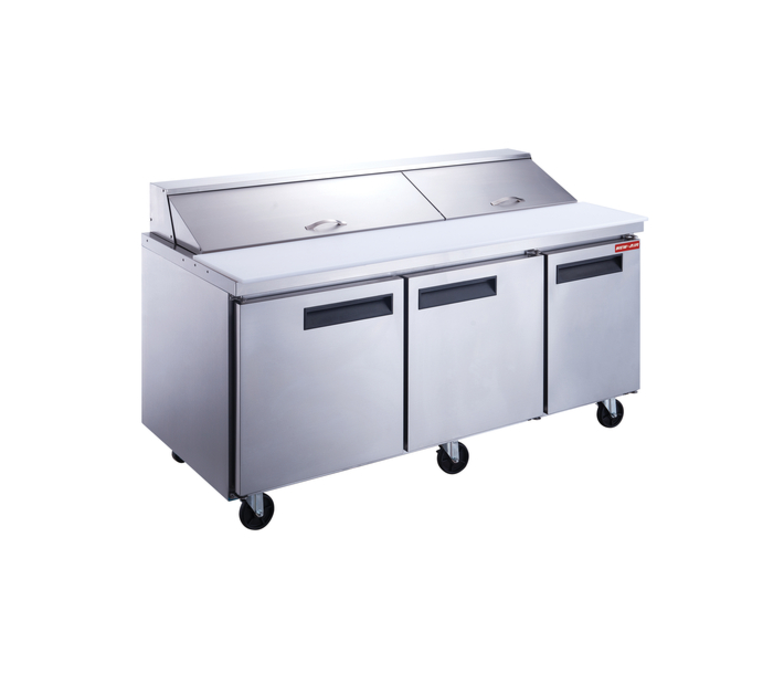 New Air NPT-072-SA 72.5" Refrigerated Solid 3-Doors Salad/Sandwich Prep Table with 499L Capacity - 115V, 380W - CA