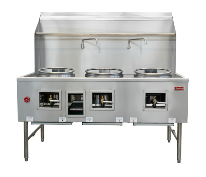 Omcan 3-Burner Commercial Wok Range with Three 16″ Rings, Faucet & Backsplash – 375,000 BTU Natural Gas - CA