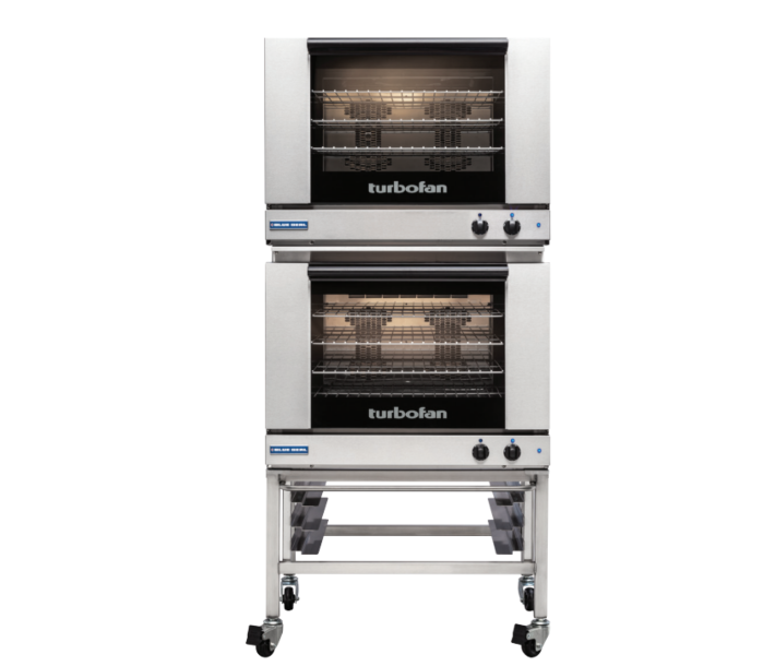 Turbofan E28M4/2C 32" Full Size Tray Manual Electric Convection Ovens Double Stacked With Caster Base Stand - CA