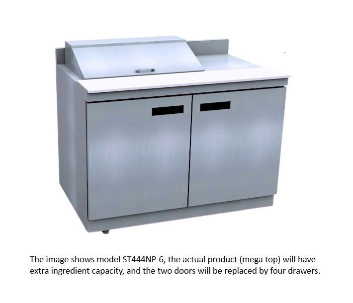 Delfield STD4448NP-6M 48" Mega Top Salad Prep Table with 4" BackSplash and Four Drawers (6) 1/6 size pan capacity 16 cu. Ft. - 115V/60/1 - CA