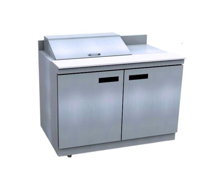 Delfield STD4448NP-6M 48" Mega Top Salad Prep Table with 4" BackSplash and Four Drawers (6) 1/6 size pan capacity 16 cu. Ft. - 115V/60/1 - USA