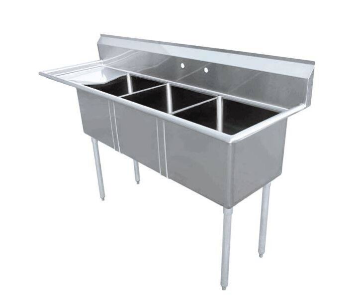 Zanduco 74.5" 18-Gauge Three Compartment Stainless Steel Sink with 1.8" Corner Drain and Left Drain Board - 18" X 21" X 14" Bowl - USA