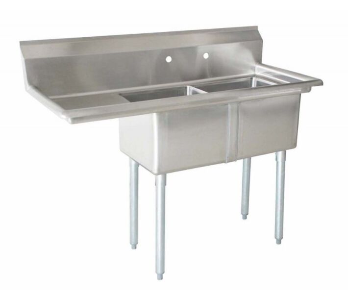 Zanduco 74" 18-Gauge Two Compartment Stainless Steel Sink with 1.8" Corner Drain and Left Drain Board - 24" X 24" X 14" Bowls - CA