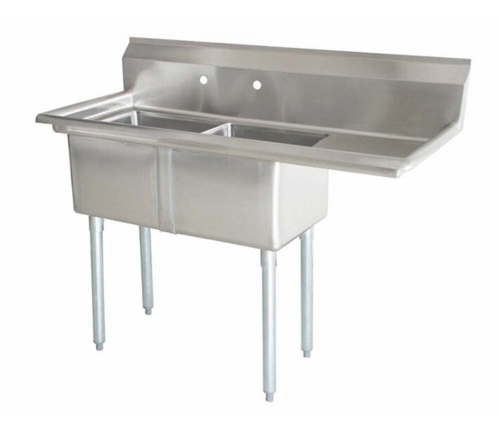 Zanduco 56.5" 18-Gauge Two Compartment  Stainless Steel Sink with 1.8" Corner Drain and Right Drain Board - 18" X 21" X 14" Bowls - CA