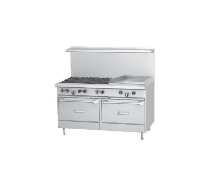 Garland U60-6G24RR U Series 60" Gas Restaurant Range with 24" Griddle, 6 Burners and 2 Ovens - 304,000 BTU - CA