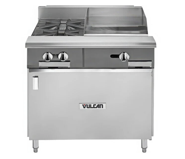 Vulcan V2BG8TB V Series 36" 2 Burner Gas Range with 18" Thermostatic Griddle, Cabinet Base, and 100,000 BTU - Natural Gas/Liquid Propane - USA