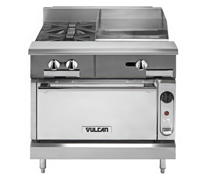 Vulcan V2BG8TS V Series 36" 2 Burner Gas Range with 18" Thermostatic Griddle, Standard Oven, and 150,000 BTU - Natural Gas/Liquid Propane - USA
