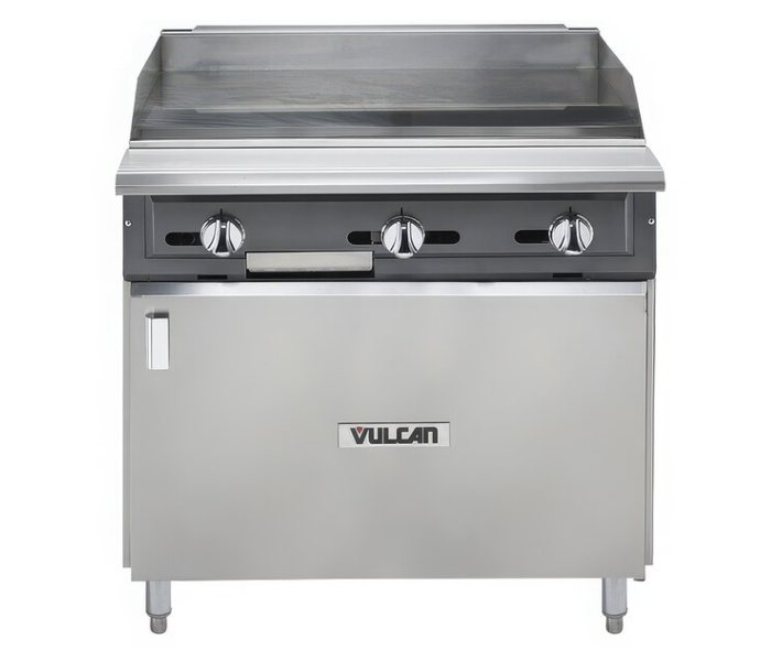 Vulcan VGMT36B V Series 36" Thermostatic Gas Range, Griddle Top with Cabinet Base and 90,000 BTU - Natural Gas/Liquid Propane - USA