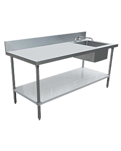 Zanduco 30" Depth Stainless Steel Table with Right Sink, Galvanized Undershelf, and 6" Backsplash with Faucet