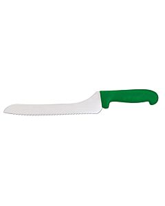 Omcan 9" Slicer Off-Set Serrated Blade Knife with Green Polypropylene Handle - USA