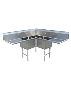 Zanduco 57" 18-Gauge Three Compartment Corner Stainless Steel Sink with 3.5" Center Drain and Two Drain Boards - 18" x 18" x 14" Bowls