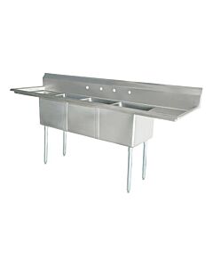Zanduco 120" 18-Gauge Three Compartment Stainless Steel Sink with 3.5" Center Drain and Two Drain Boards - 24" x 24" x 14" Bowls - USA