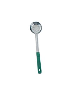 Omcan 4 oz. One-Piece Stainless Steel Perforated Portion Control Spoon with Green Handle - CA