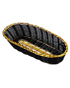Omcan 9" x 4.25" x 2" Black Oval Woven Basket With Golden Trim - CA