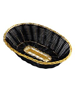 Omcan 9" x 6.25" x 2.25" Black Oval Woven Basket With Golden Trim - CA