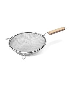 Omcan Tinned Double Mesh Strainer with Flat Wood Handle