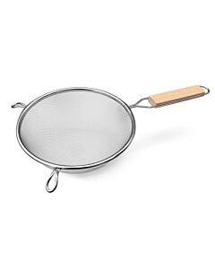 Omcan 8.5" Tinned Single Mesh Strainer with Flat Wood Handle - USA