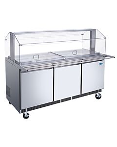 Zanduco 72" Stainless Steel Refrigerated Salad Bar / Cold Food Table with Sneeze Guard, Tray Slide and Pan Covers - 110V, 534W - USA