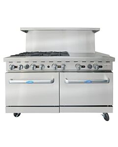 Atosa AGR-6B24GR 60" Range with (6) Open Burners 32,000 BTU and 24" Griddle 27,000 BTU on the right with (2) 26" 1/2 Wide Ovens 27,000 btu