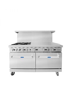 Atosa AGR-4B36GR 60'' Range with (4) Open Burners 32,000 BTU and 36'' Griddle 27,000 BTU on the right with (2) 26'' 1/2 Wide Ovens 27,000 BTU