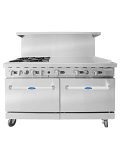 Atosa AGR-4B36GR 60'' Range with (4) Open Burners 32,000 BTU and 36'' Griddle 27,000 BTU on the right with (2) 26'' 1/2 Wide Ovens 27,000 BTU - CA