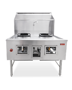 Omcan 13" Two Chambers Natural Gas Wok Range with Backsplash and Faucet - 190,000 BTU
